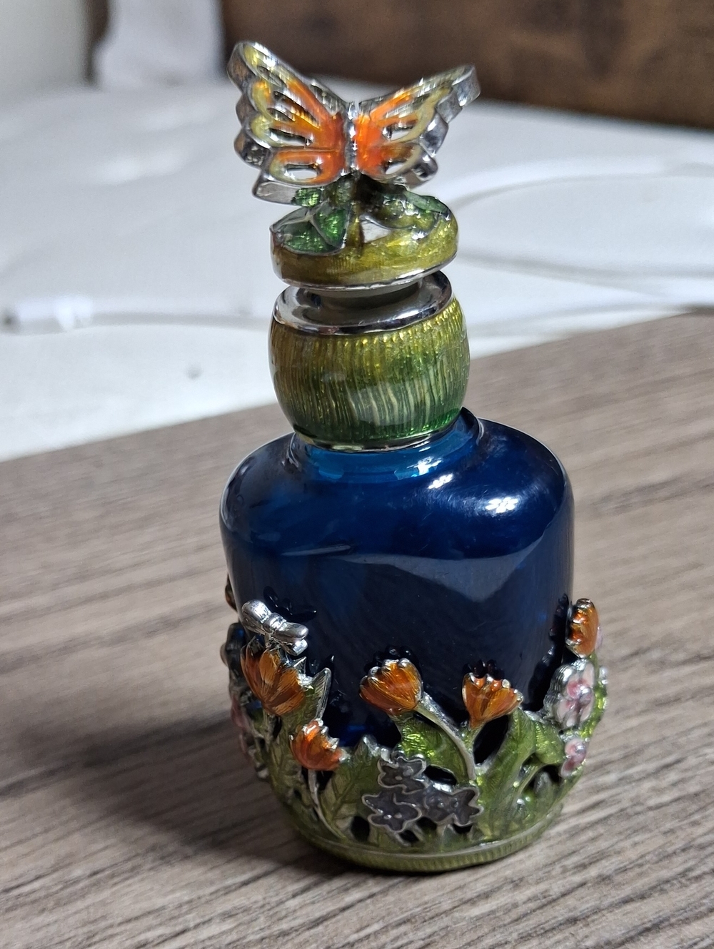 Monet Blue Glass Decorative Bottle with Orange & Green Enamel Accents